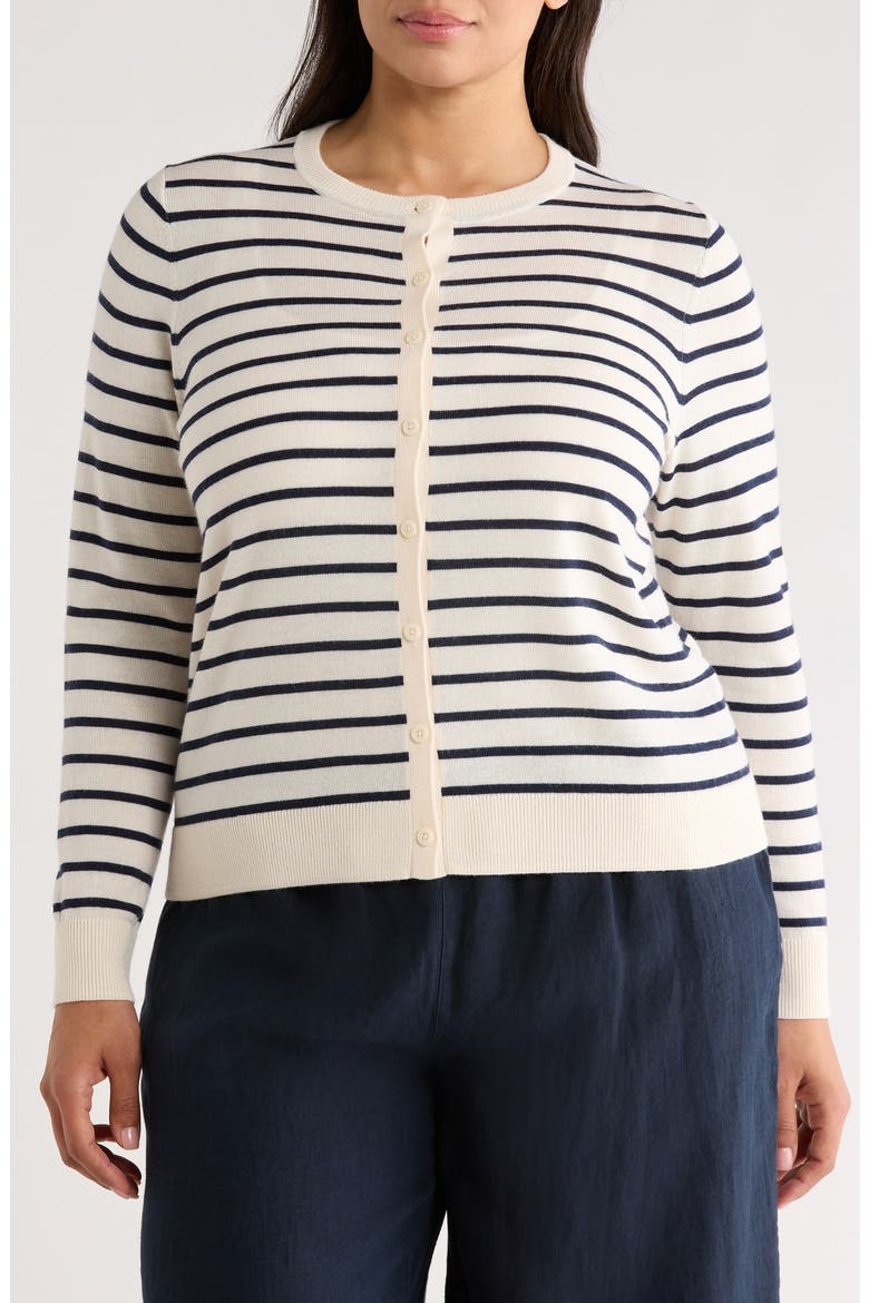 Merino Wool Blend Crewneck Cardigan, Alternate, color, IVORY- NAVY JOSEPHINE STRIPE