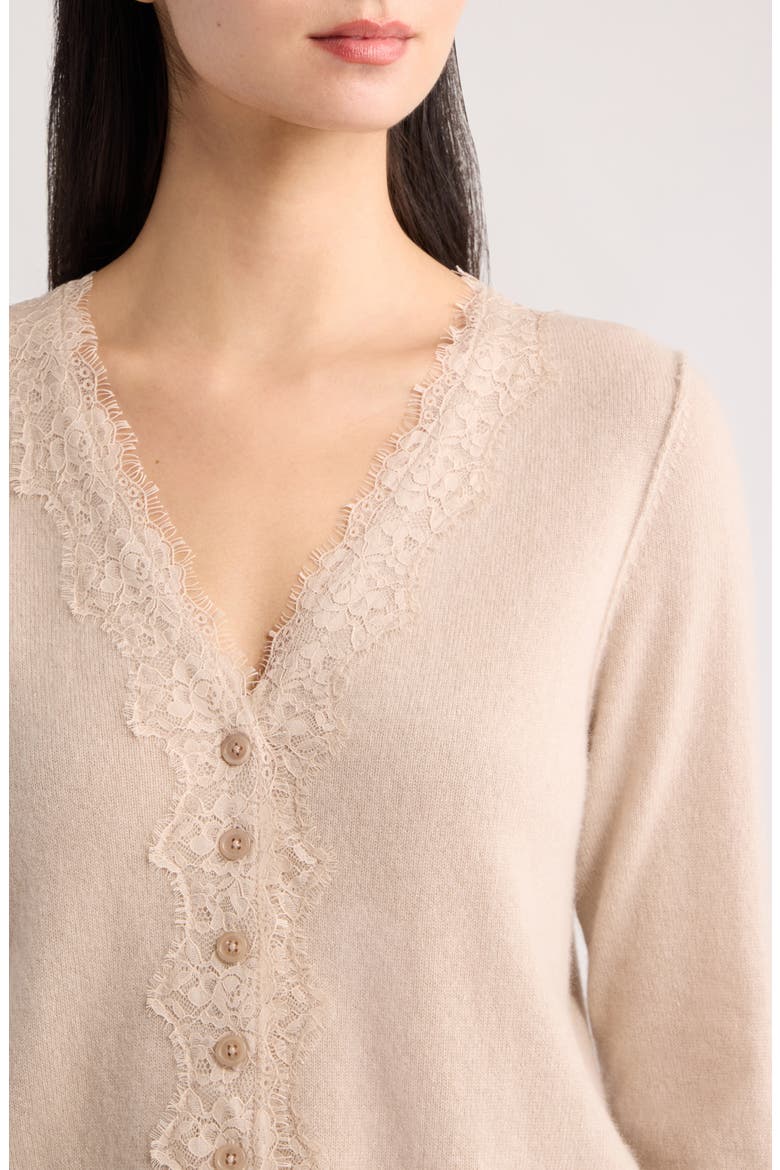 Ruby Lace Trim Cashmere Cardigan, Alternate, color, PEBBLE