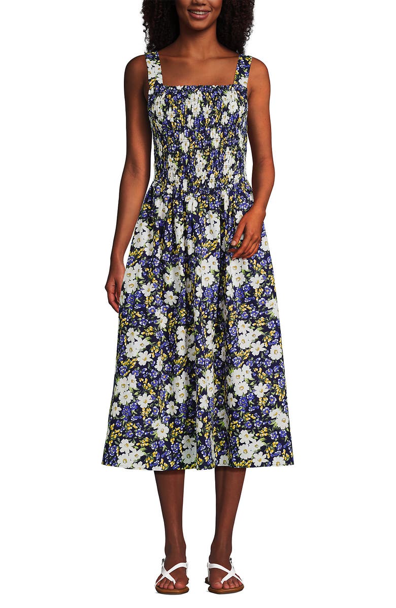 Lands' End Poplin Smocked Bodice Midi Dress, Alternate, color, Deep Sea Spring Floral