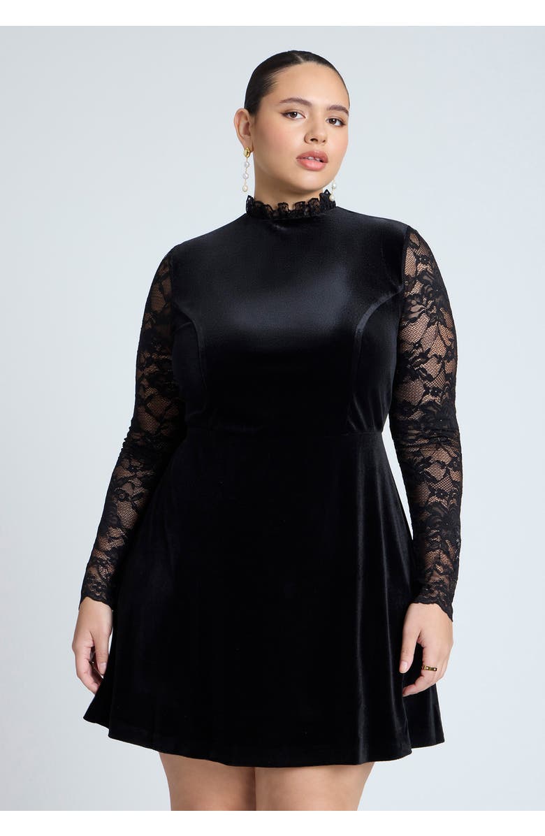 ELOQUII Velvet Mini Dress With Lace, Alternate, color, Black Onyx