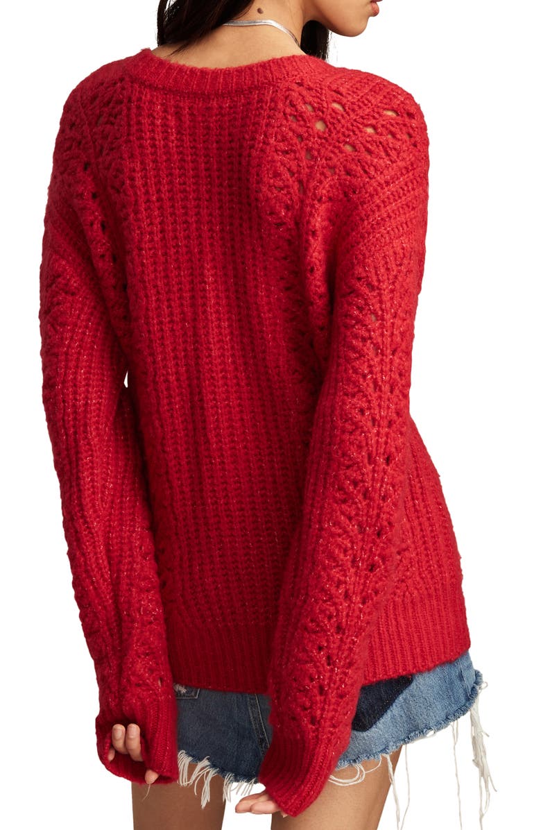 Lucky Brand Pointelle V-Neck Sweater, Alternate, color, Jester Red