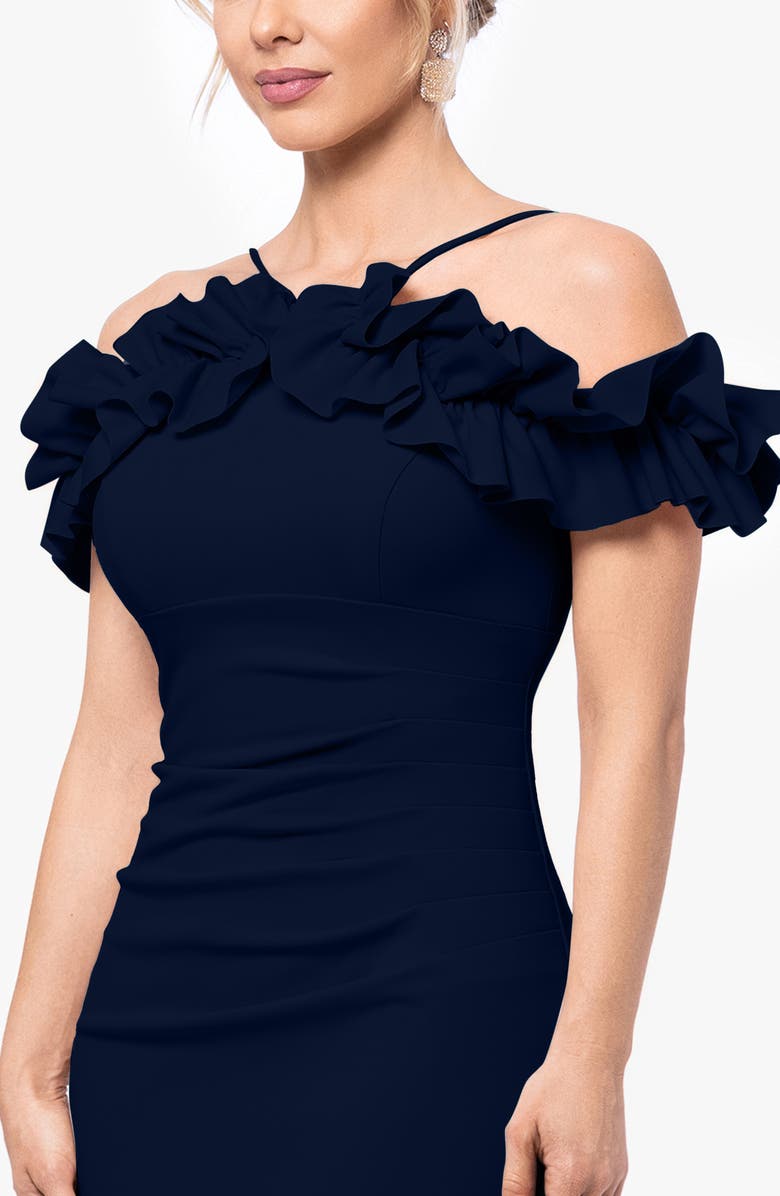 Xscape Evenings Ruffle Off the Shoulder Scuba Crepe Sheath Dress, Alternate, color, Navy