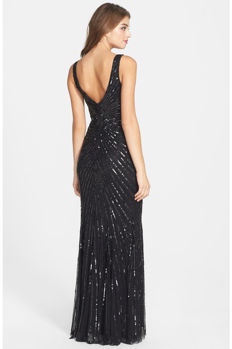 Aidan Mattox Sequin V-Back Mesh Gown, Alternate, color, BLACK