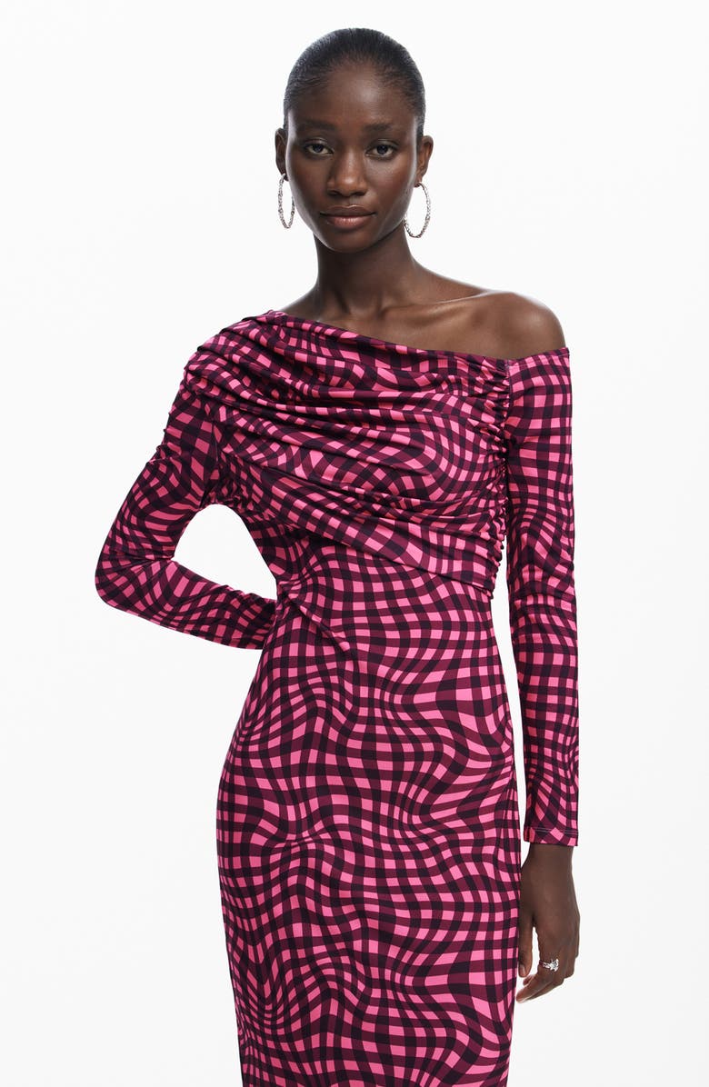 Desigual Psychedelic Checkered Off the Shoulder Long Sleeve Maxi Dress, Alternate, color, 