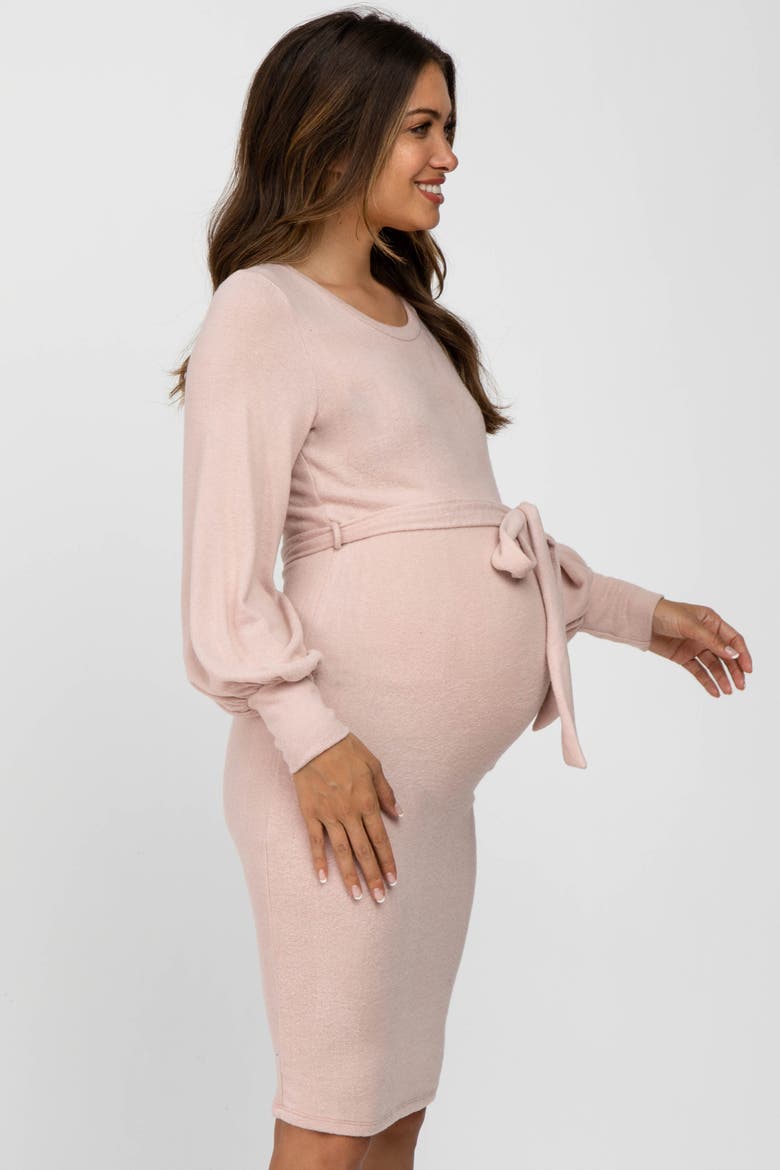 Soft Brushed Waist Tie Bubble Sleeve Dress, Alternate, color, Pink