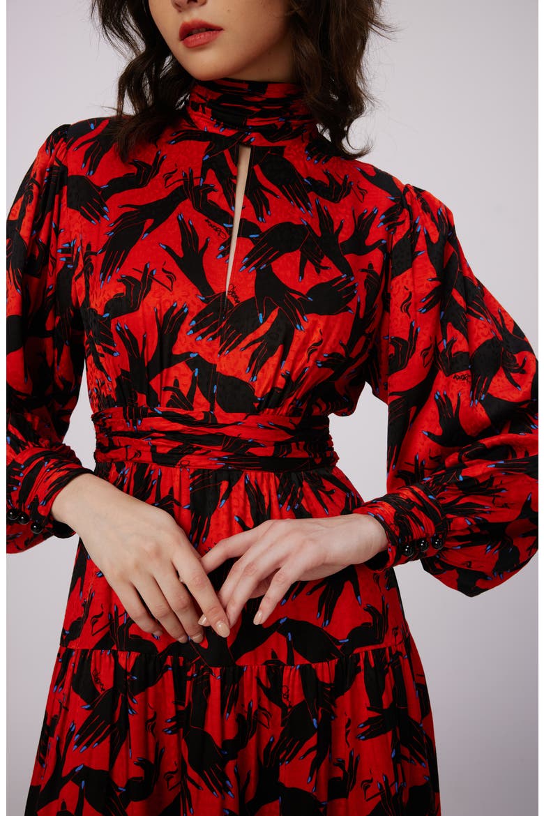 Sai Hand Print Long Sleeve Midi Dress, Alternate, color, STAGE HANDS RED