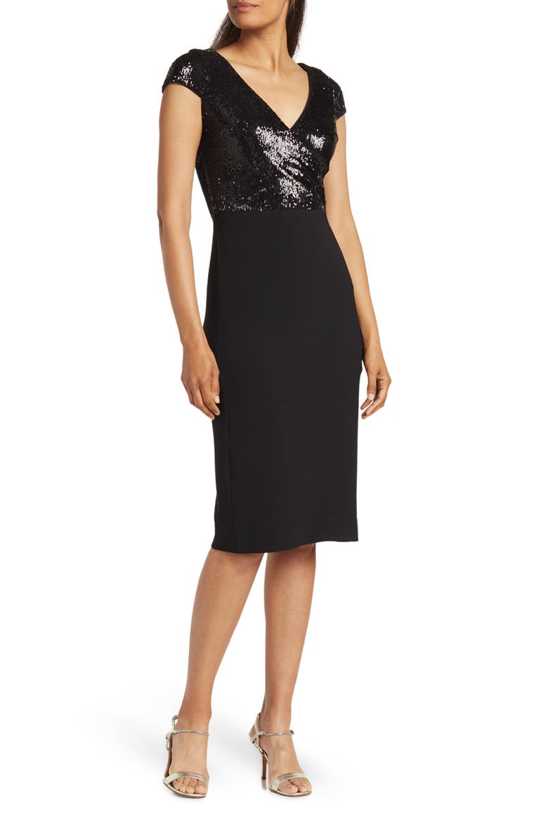 Sequin Surplice Cap Sleeve Sheath Dress, Main, color, BLACK