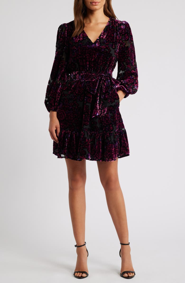 Eliza J Long Sleeve Burnout Velvet Cocktail Dress, Main, color,
