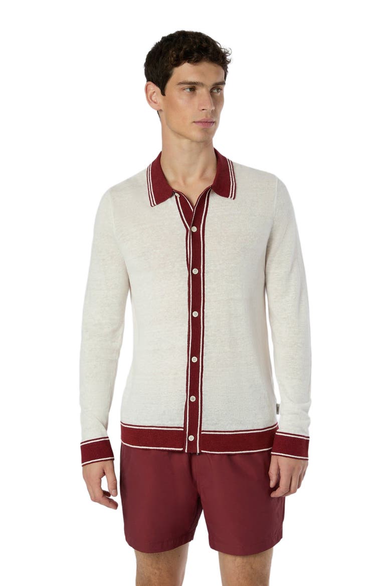 Linen Long Sleeve Sweater Polo, Alternate, color, SALT/BRICK