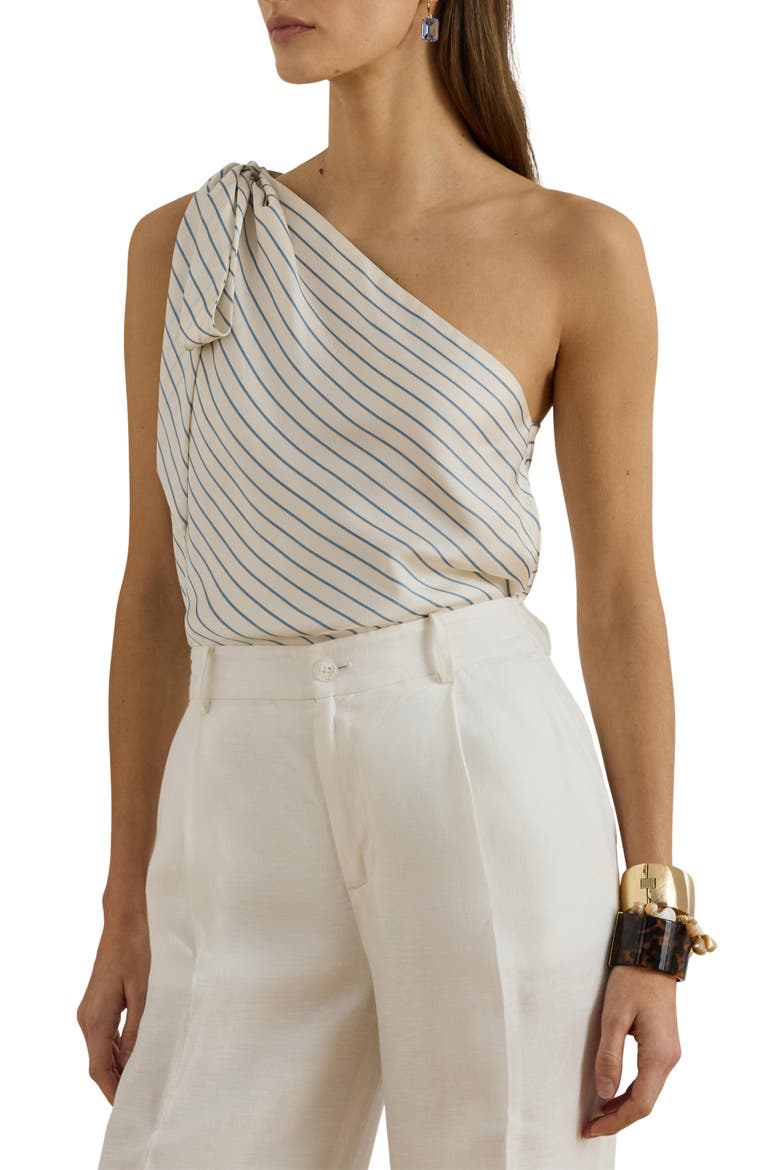 Stripe One-Shoulder Twill Top, Main, color, CREAM/ BLUE