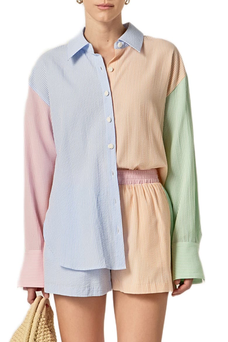Colorblock Stripe Oversize Button-Up Shirt, Main, color, MULTI