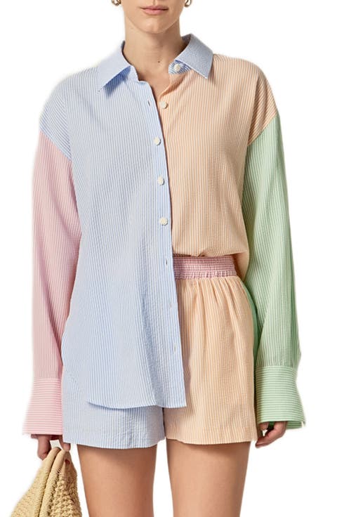 Colorblock Stripe Oversize Button-Up Shirt