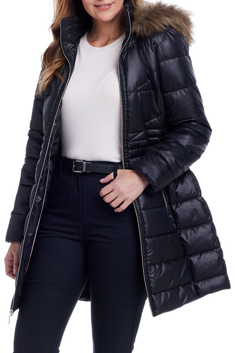 Water Resistant Puffer Coat with Faux Fur Trim Removable Hood, Main, color, BLACK