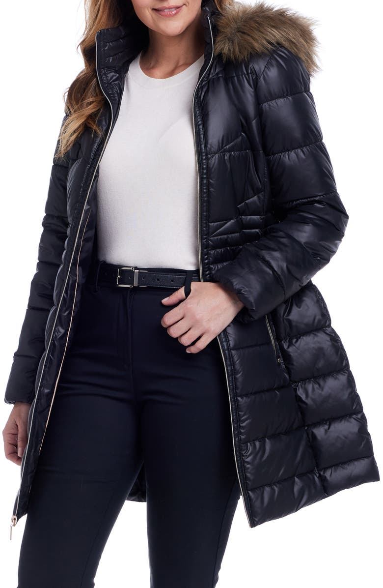 Gallery Water Resistant Puffer Coat with Faux Fur Trim Removable Hood, Main, color, Black