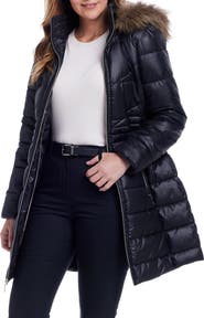 Gallery Water Resistant Puffer Coat with Faux Fur Trim Removable Hood