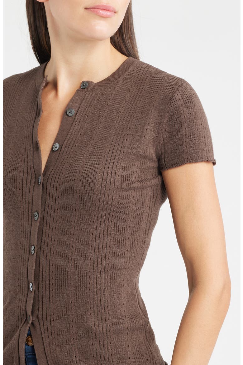 Short Sleeve Pointelle Cotton Blend Cardigan, Alternate, color, ROASTED CHICKORY