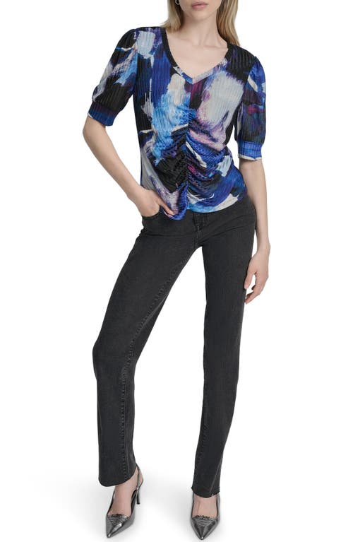 Dkny Print Ruched Puff Sleeve Top In Blue