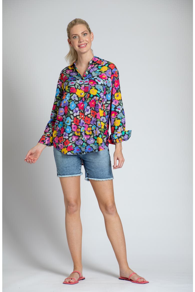 Oversize Feather Print Button-Up Shirt, Alternate, color, PINK MULTI