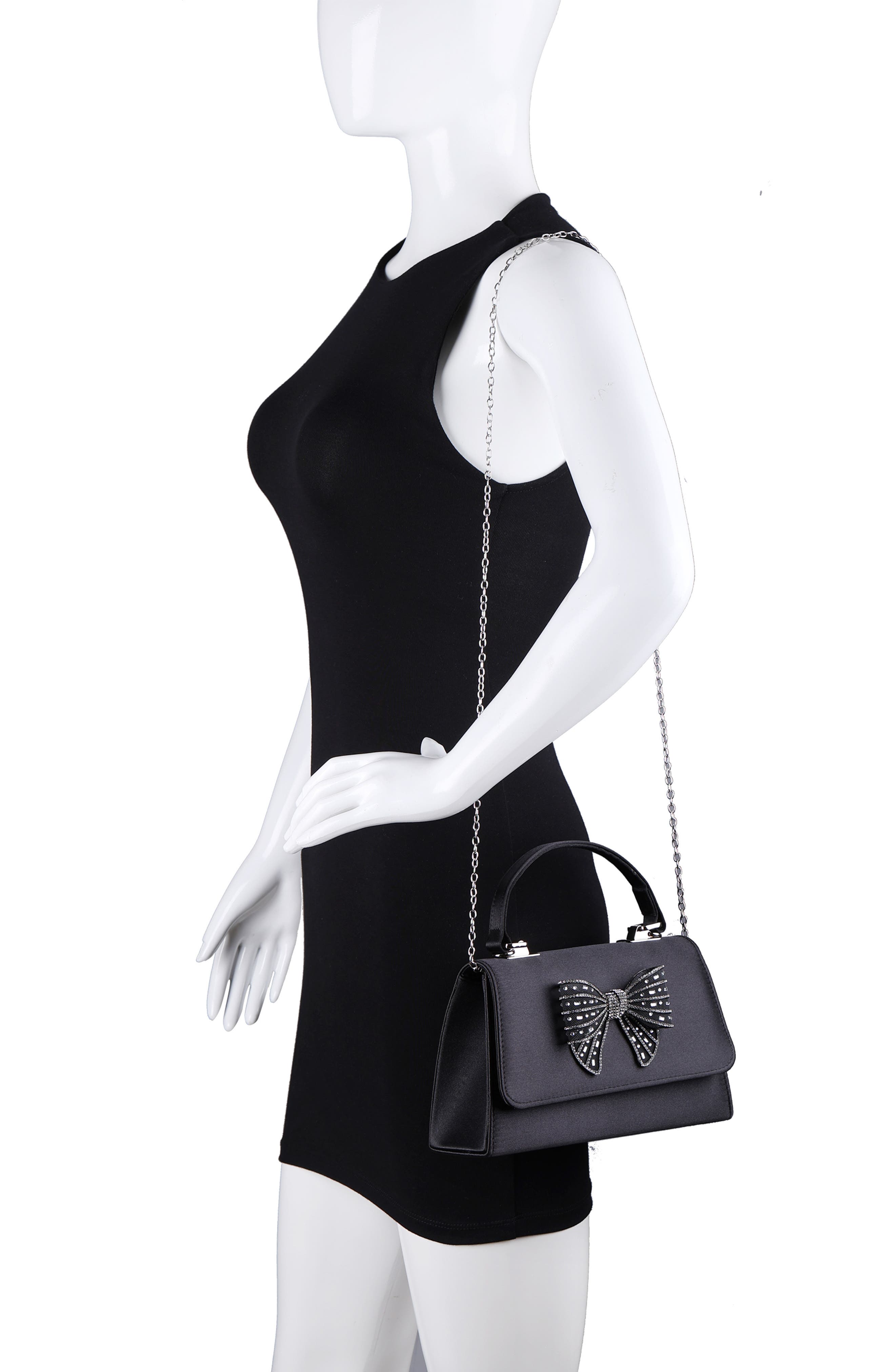 Leslie Crystal Bow Satin Clutch, Alternate, color, BLACK