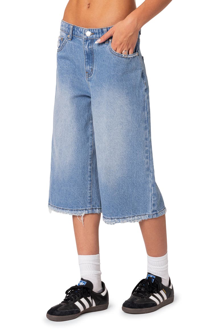 Fallen Angel Rigid Denim Long Bermuda Shorts, Alternate, color, BLUE-WASHED