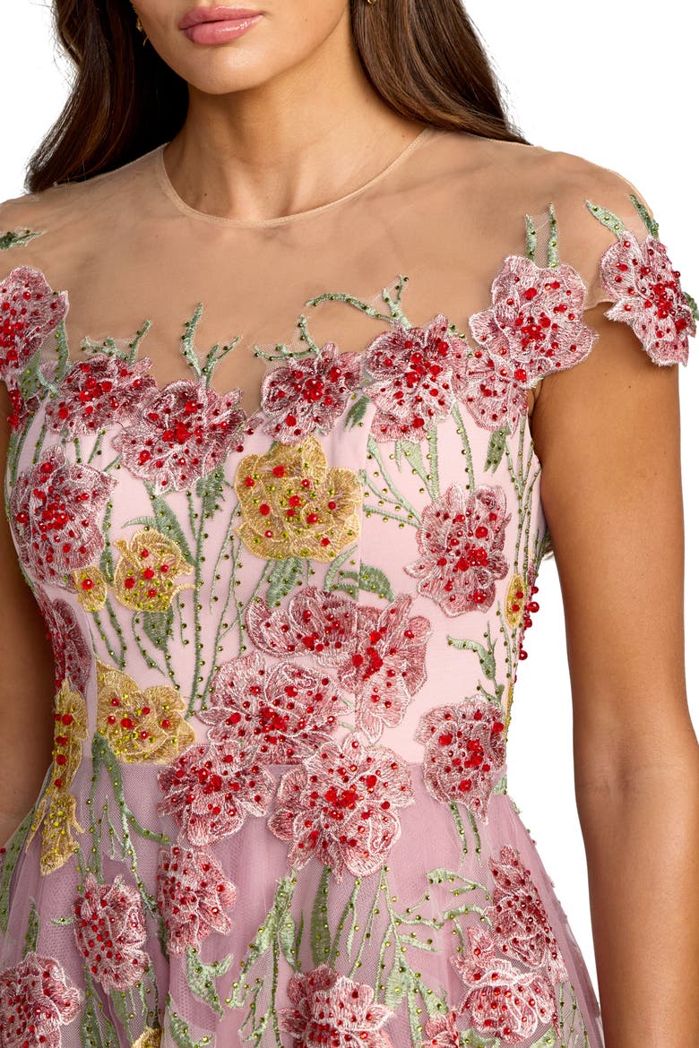 Embroidered Mesh Illusion Neck Cap Sleeve Dress, Alternate, color, Mauve Multi