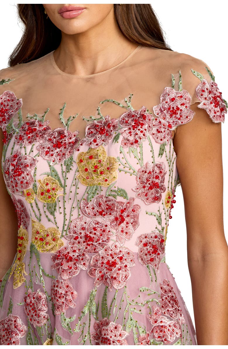 Mac Duggal Embroidered Mesh Illusion Neck Cap Sleeve Dress, Alternate, color, Mauve Multi