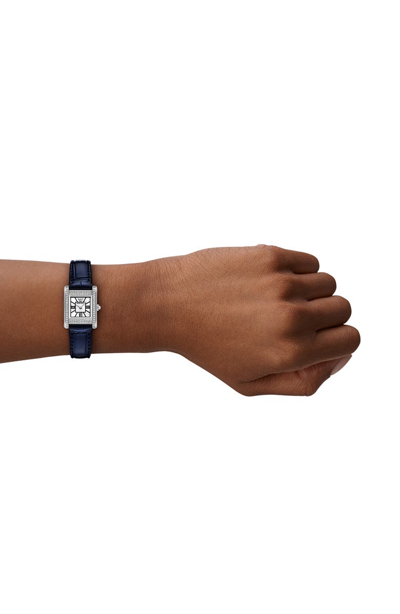 Emporio Armani Crystal Bezel Tank Leather Strap Watch, 19mm x 26mm, Alternate, color, Blue