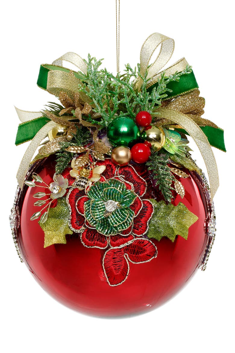 Floral Jeweled Ornament, Shiny Red, Main, color, Red