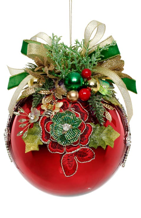 Floral Jeweled Ornament, Shiny Red