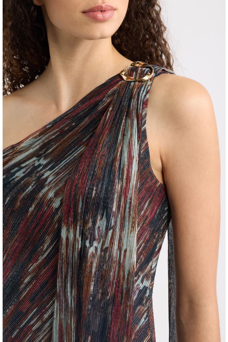 Metallic Abstract Print One-Shoulder Chiffon Gown, Alternate, color, MULTI
