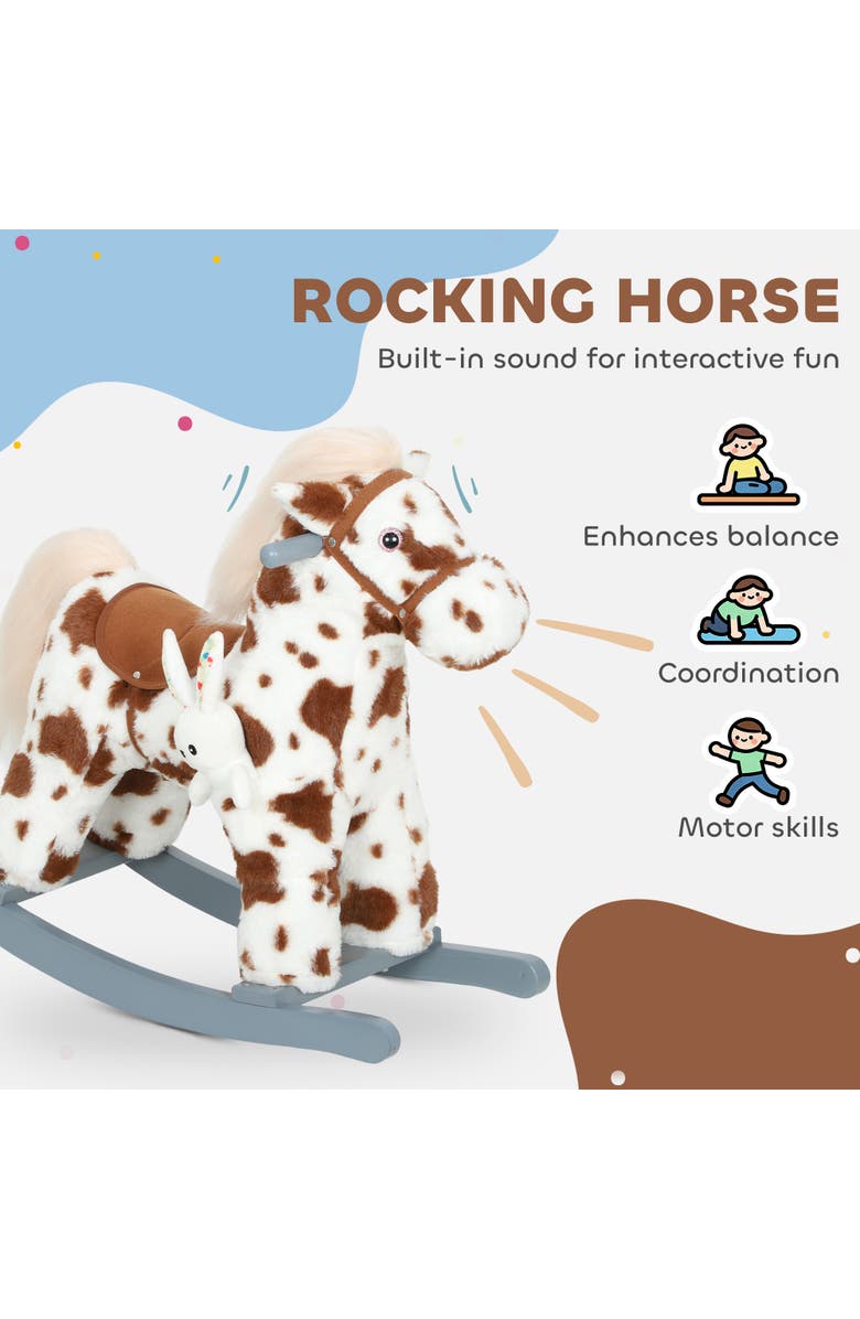 Qaba Kids Rocking Horse Animal Rocker with Rabbit Toy and Realistic Sound for Toddlers Soft Filling Ride on Pony, Alternate, color, Brown