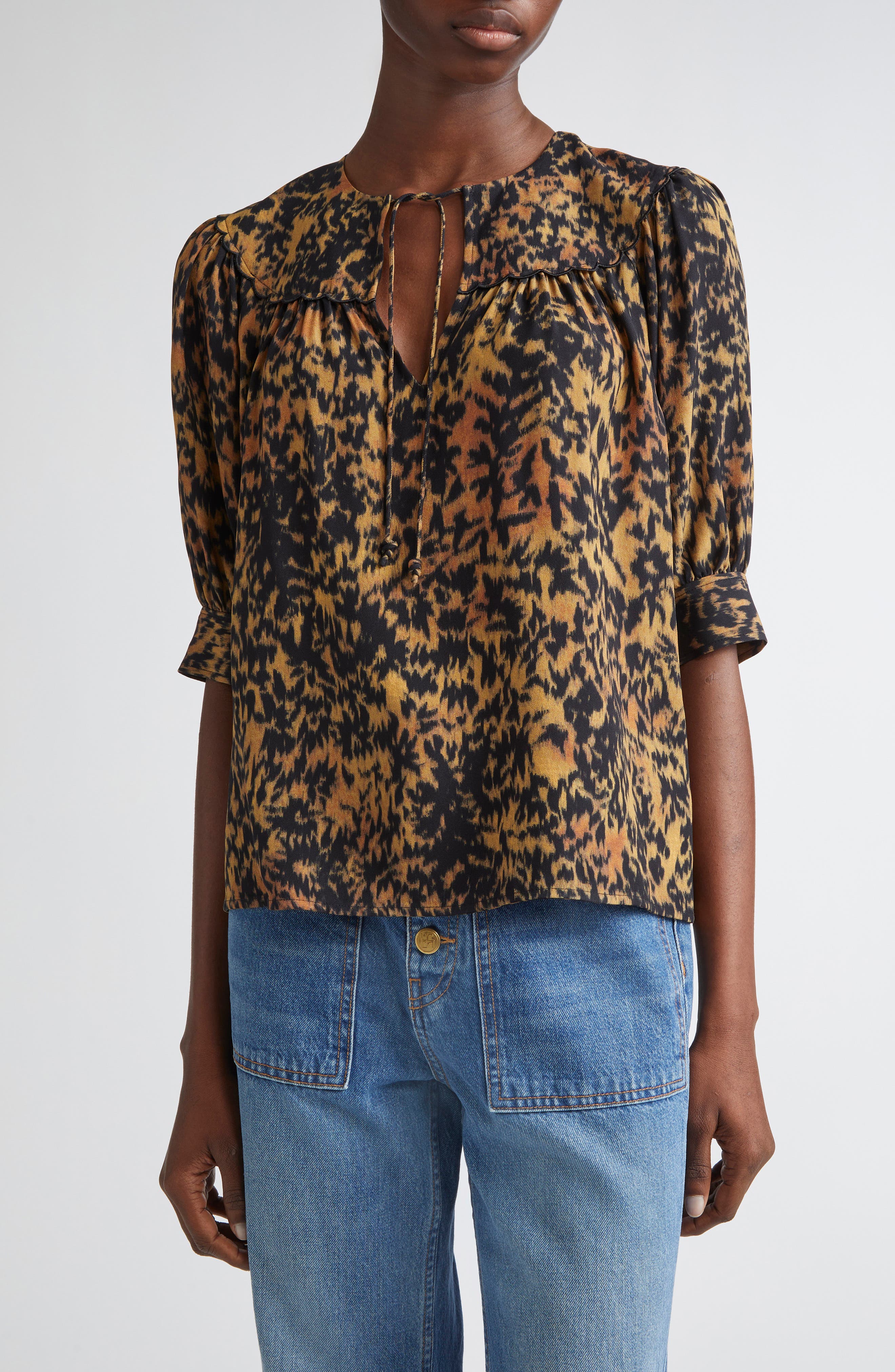 Ulla Johnson Blaire Leopard Print Short Sleeve Top