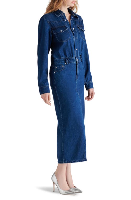 Steve Madden Dakoda Dark Wash Denim Long Sleeve Midi Dress With Pockets In Blue Denim