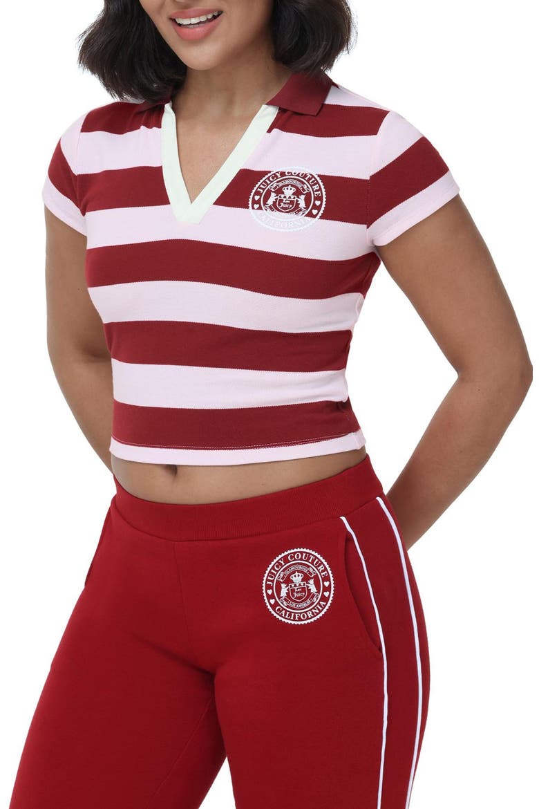 Cropped Striped Polo Knit Top, Alternate, color, RED DAHLIA/SOFT GLOW COMBO