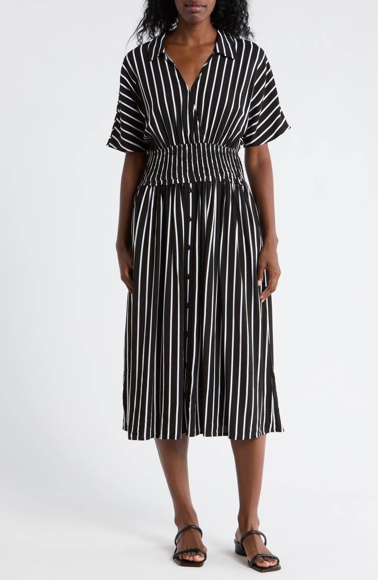 Ellen Tracy Stripe Short Sleeve Smocked Waist Midi Dress, Main, color, Black/ White Stripe