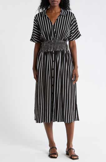 Ellen Tracy Stripe Short Sleeve Smocked Waist Midi Dress