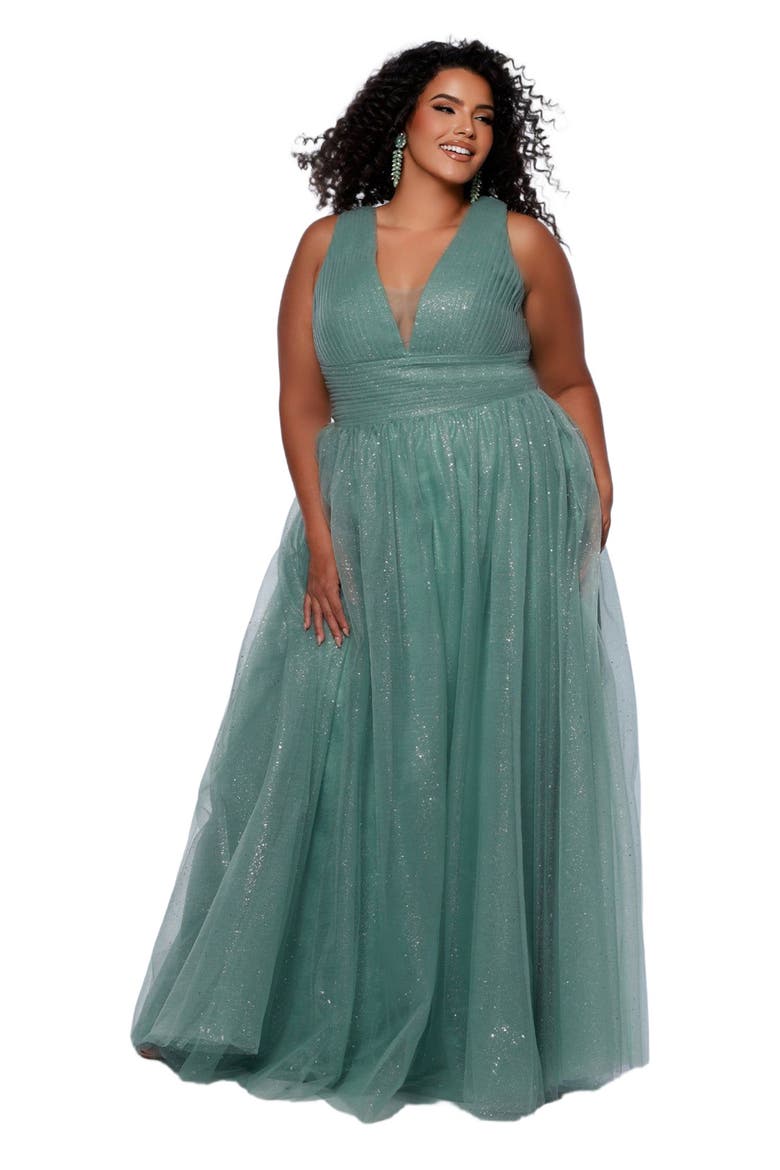 V-Neckline Bra-Friendly Plus Size A-line Gown with Bows, Main, color, Sage