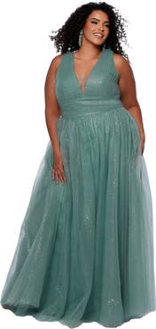Sydney's Closet V-Neckline Bra-Friendly Plus Size A-line Gown with Bows
