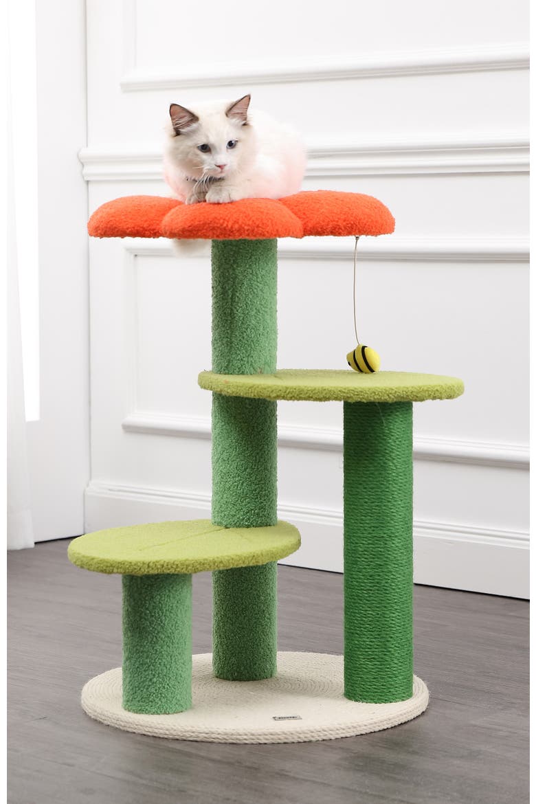 Poppy 3-Tier Modern Jute Flower Cat Tree with Dangling Toy, Alternate, color, Orange/Green