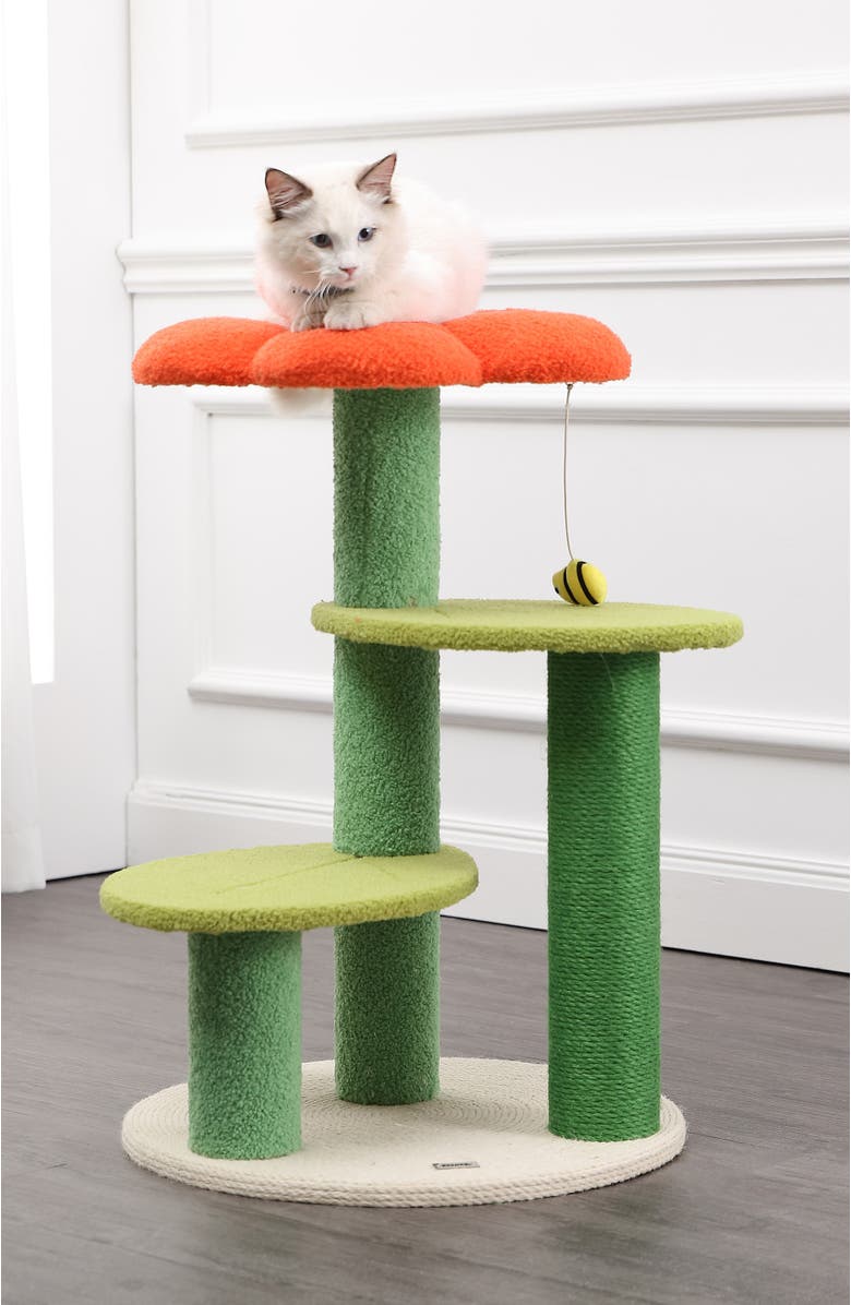 The Licker Store Poppy 29" 3-Tier Modern Jute Flower Cat Tree with Dangling Toy, Alternate, color, Orange/Green