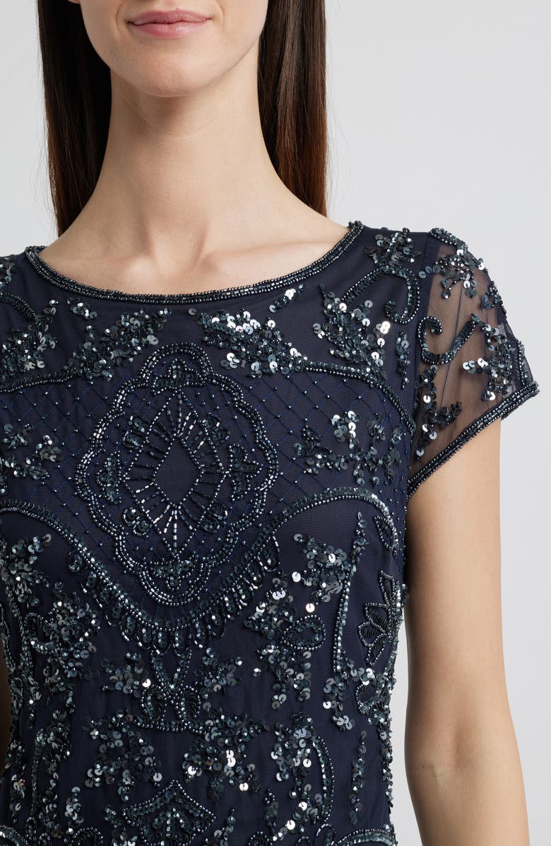 Pisarro Nights Beaded Mesh Midi Cocktail Dress, Alternate, color, Deep Slate