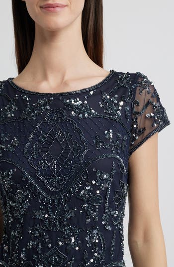 Beaded Mesh Midi Cocktail Dress