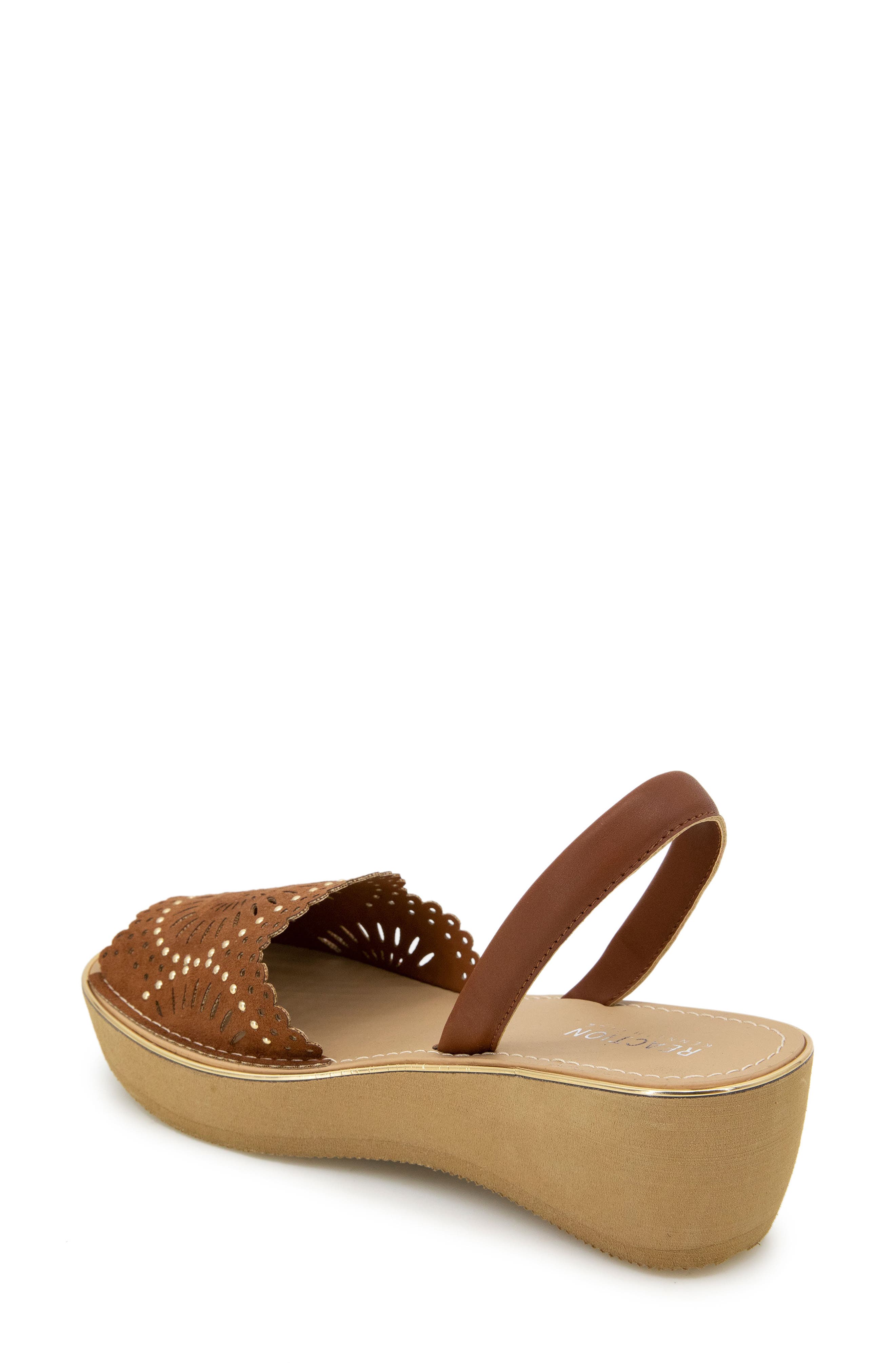 Kenneth Cole Reaction Fine Glass Foil Laser Wedge Sandal, Alternate, color, Luggage Micro
