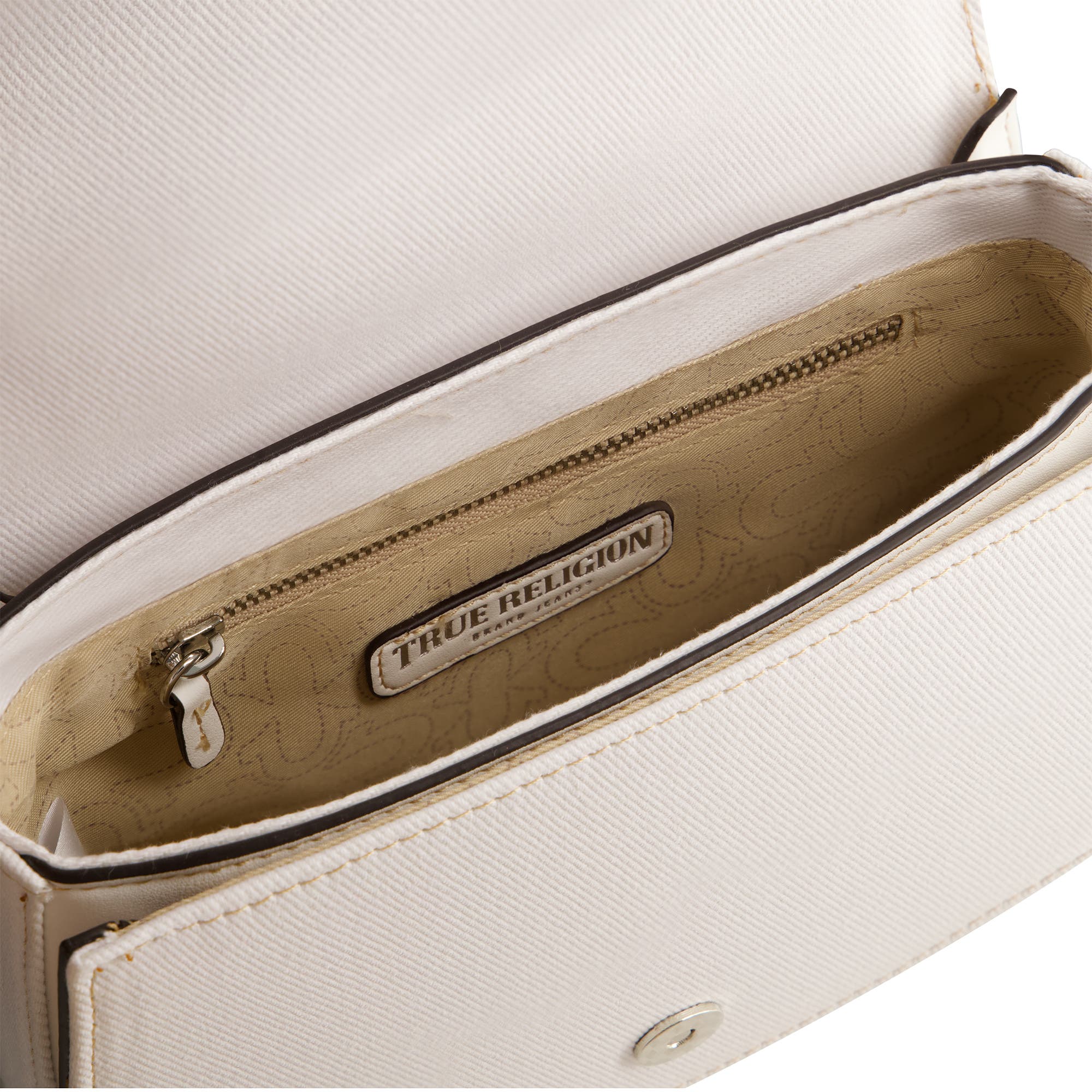 True Religion Distressed Logo Denim Saddle Bag, Alternate, color, White