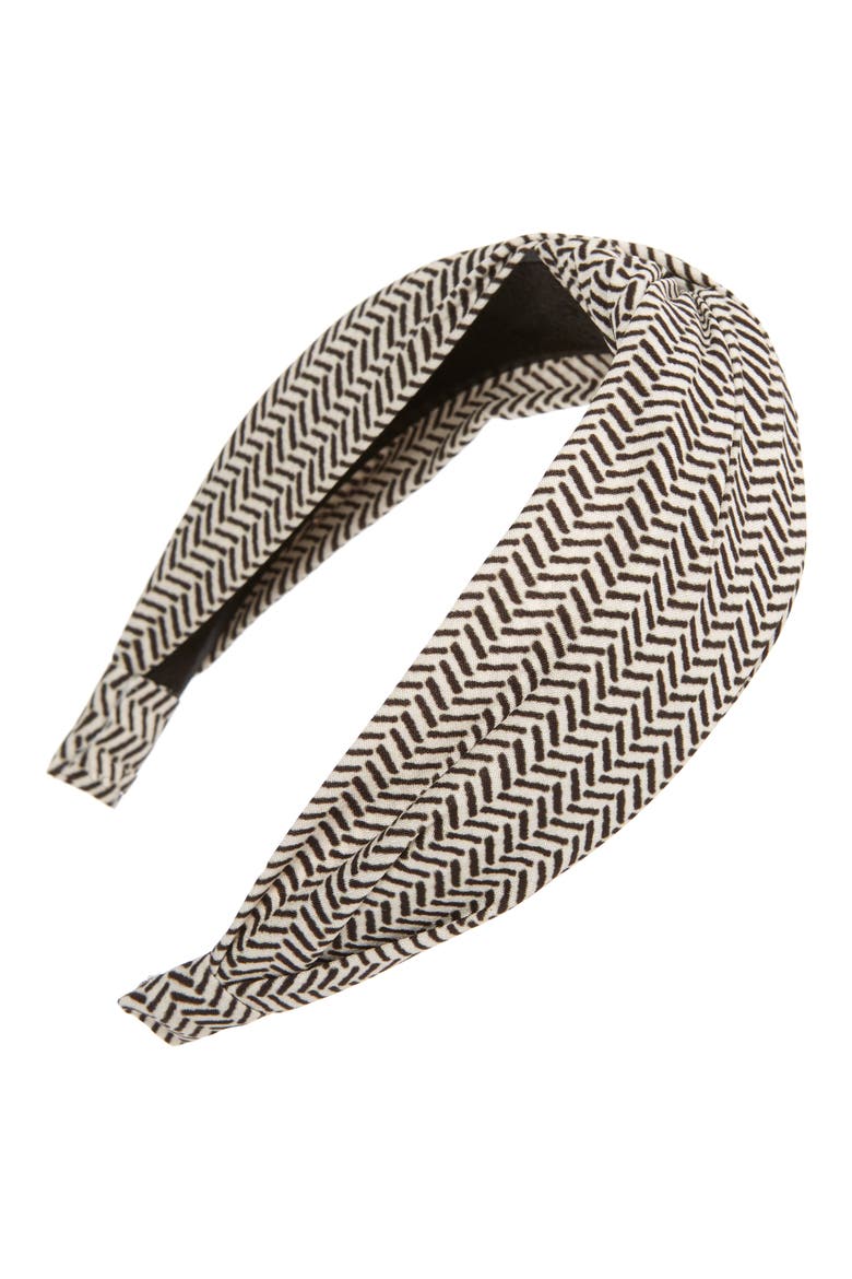 Knotted Herringbone Print Headband, Main, color, WHITE