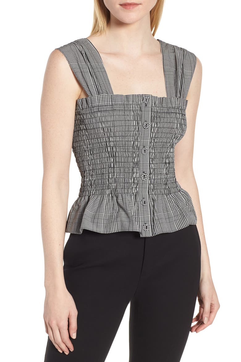 Smocked Check Cotton Poplin Top, Main, color, BLACK- WHITE POPLIN CHECK