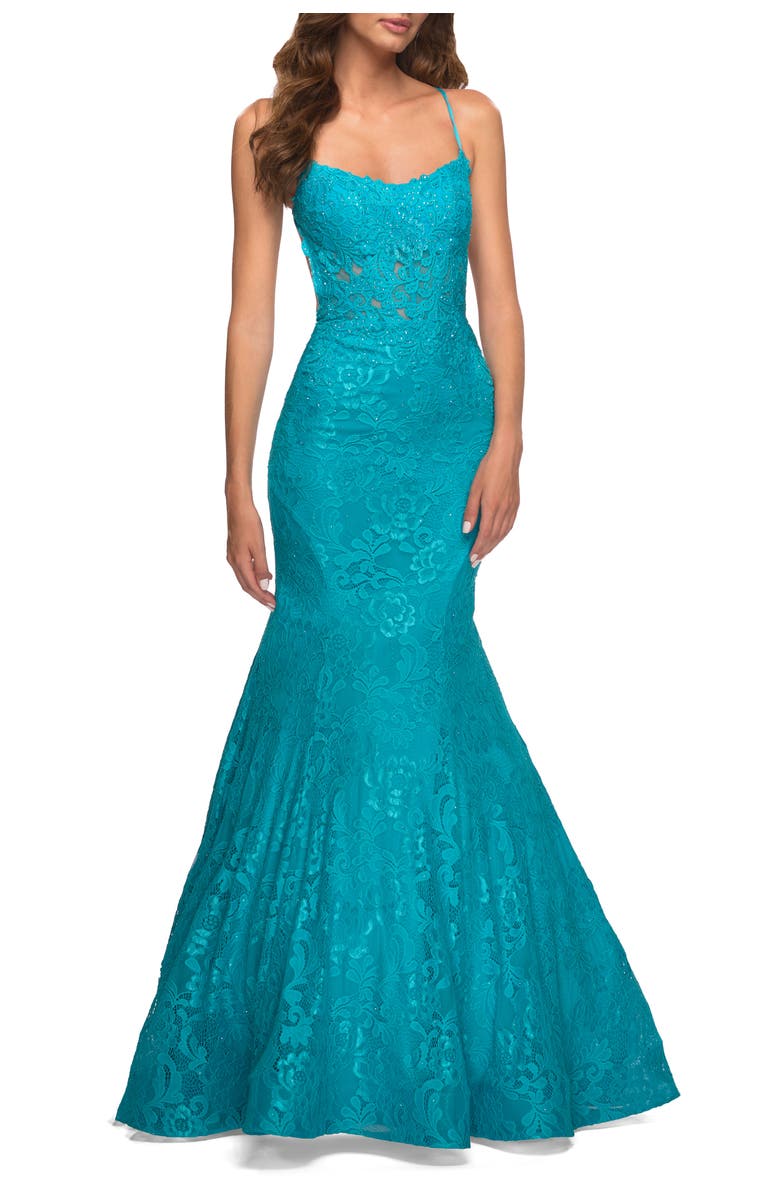 La Femme Bright Mermaid Lace Gown with Sheer Bodice and Open Back, Main, color, Aqua