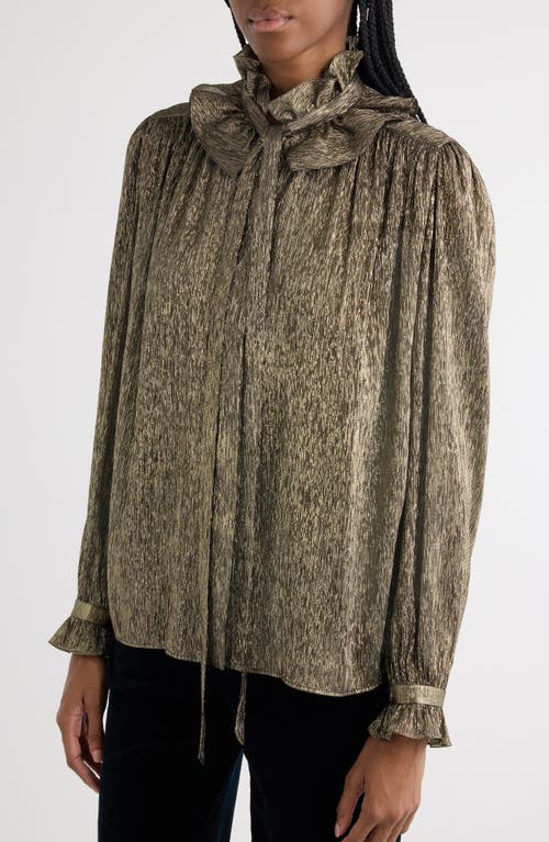 Shop Chloé Ruffle Neck Silk Crêpon Lamé Button-up Shirt In Black Gold