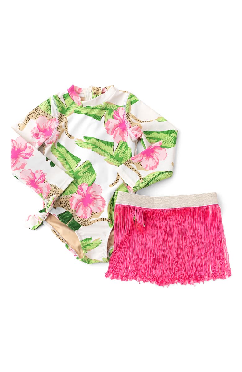 Shade Critters Kids' Long Sleeve One-Piece Swimsuit with Fringe Skirt Set, Alternate, color, White Multi