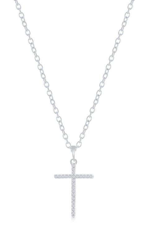 Sterling Silver Pavé Diamond Cross Pendant Necklace - 0.05ct.